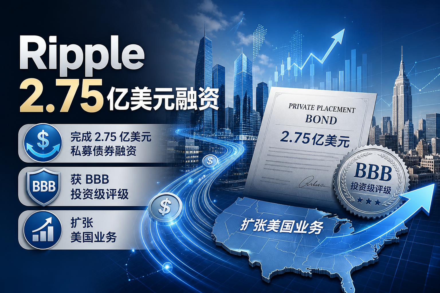 Ripple 完成 2.75 亿美元私募债券融资,获投资级评级以扩张美国业务