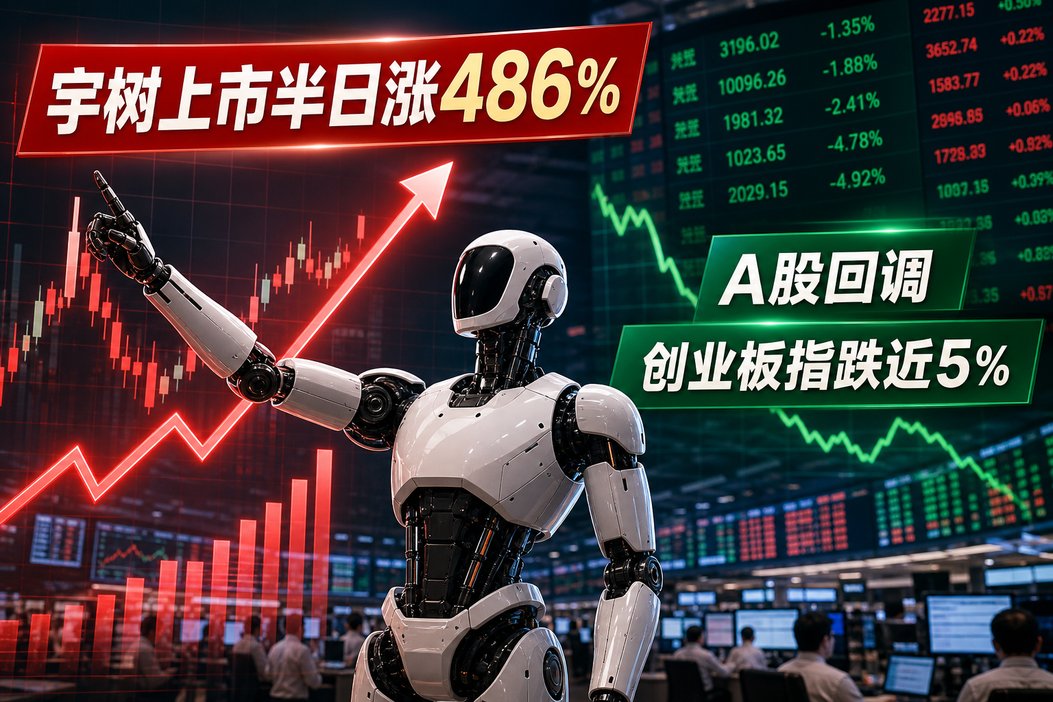 宇树上市半日涨 486%，A 股创业板指跌近 5%