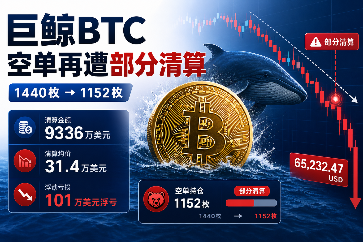 某巨鲸 9336 万美元 BTC 空单再遭部分清算