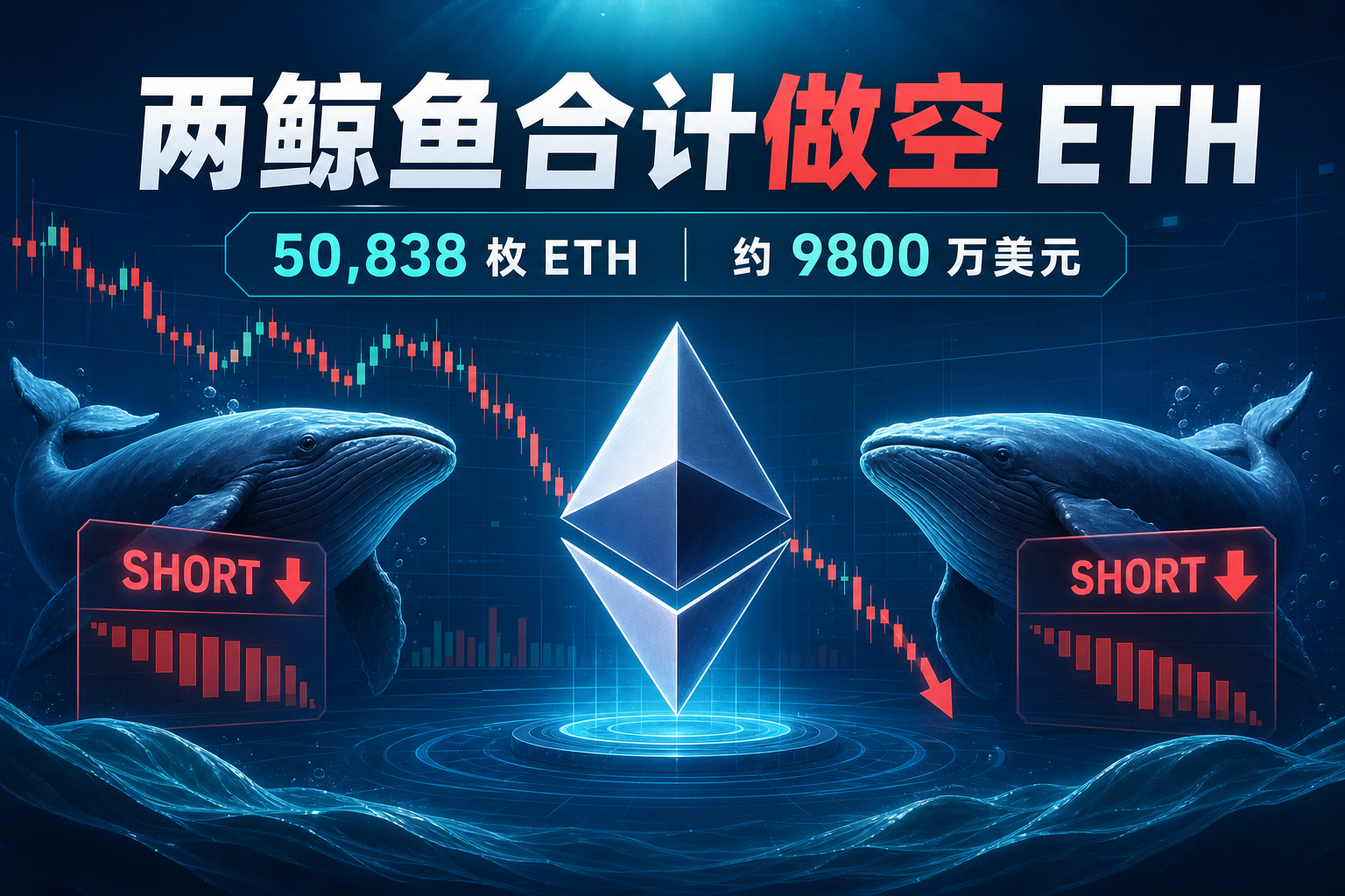 两鲸鱼累计做空 50,838 枚 ETH，约合 9800 万美元