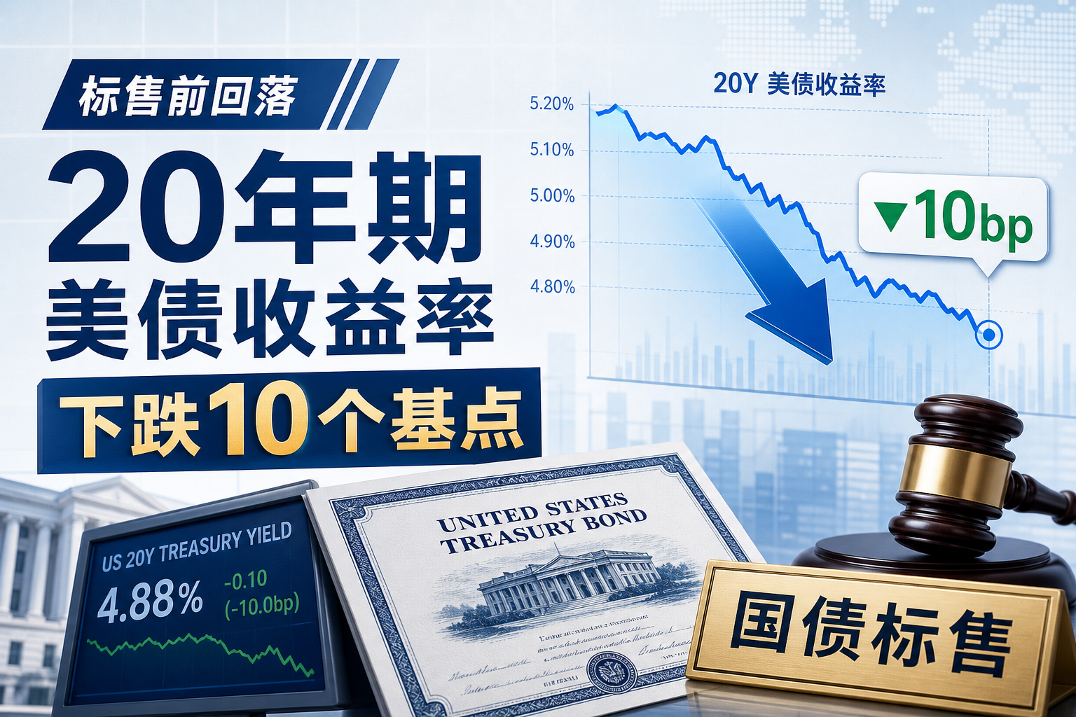 美国 20 年期国债收益率在标售前下跌 10 个基点