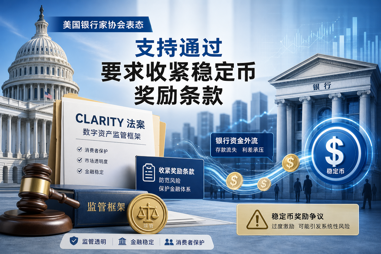 美国银行家协会:支持《CLARITY 法案》通过,但应收紧稳定币奖励条款