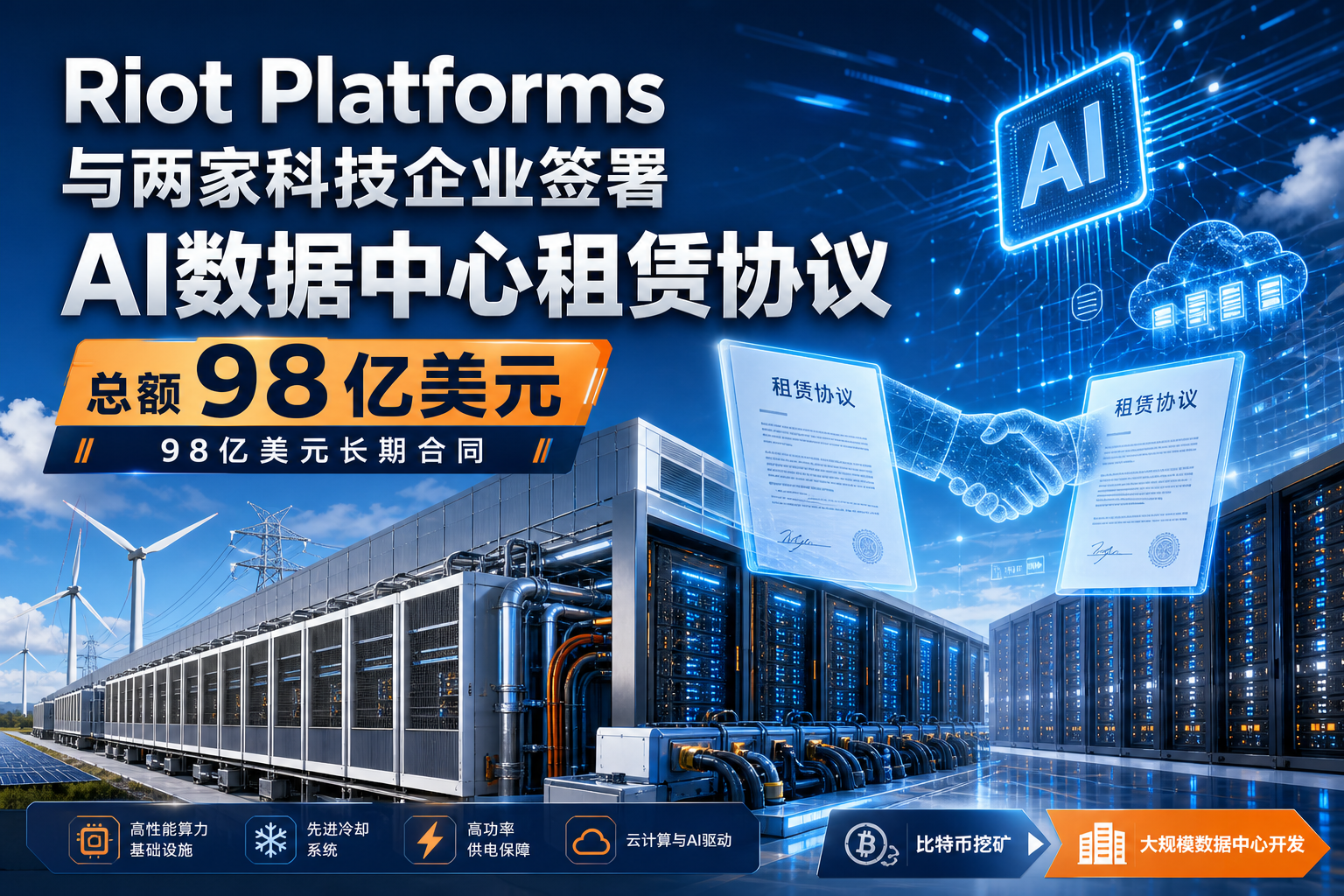 Riot 与两家科技企业签署总额 98 亿美元 AI 数据中心租赁协议