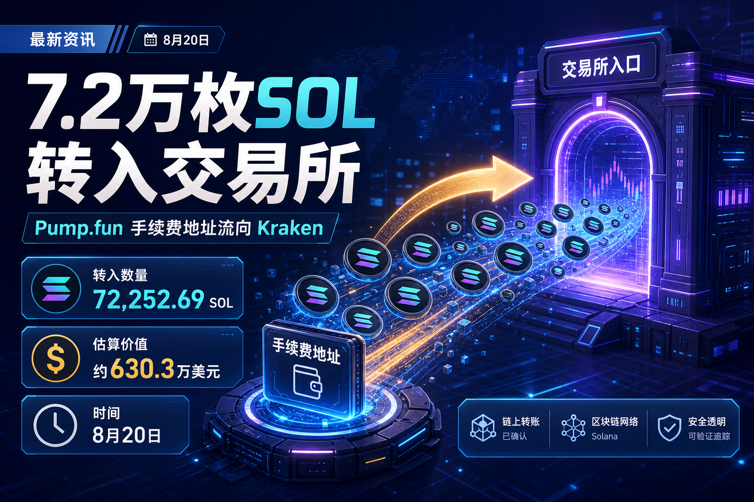 Pump.fun 手续费地址向 Kraken 转入 7.2 万枚 SOL