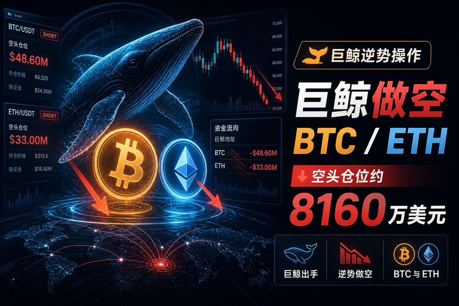 某巨鲸逆势开设 BTC 与 ETH 空头仓位
