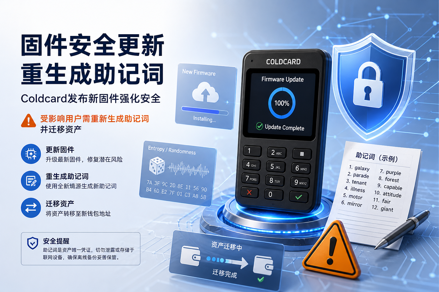 Coldcard发布新固件强化安全,受影响用户需重新生成助记词并迁移资产