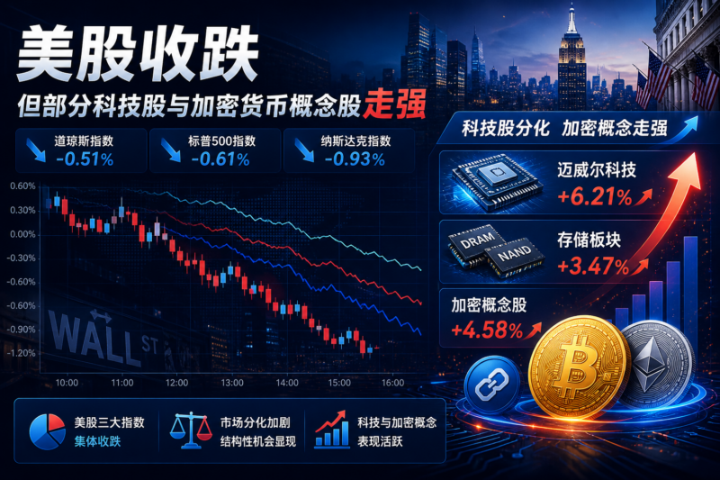 美股三大股指收跌,迈威尔涨 5.8%,加密货币概念股普涨-指挥使社区 - 真实线索、热点议题与深度观察