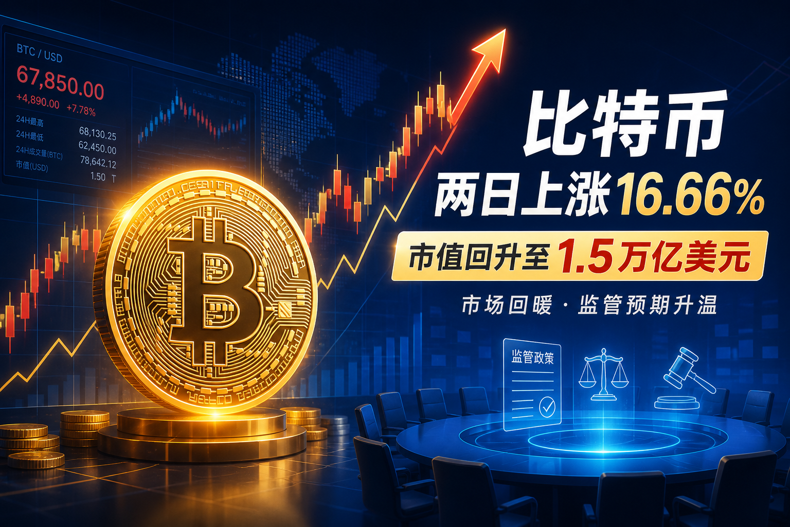 比特币两日涨 16.66%,市值回升至 1.5 万亿美元