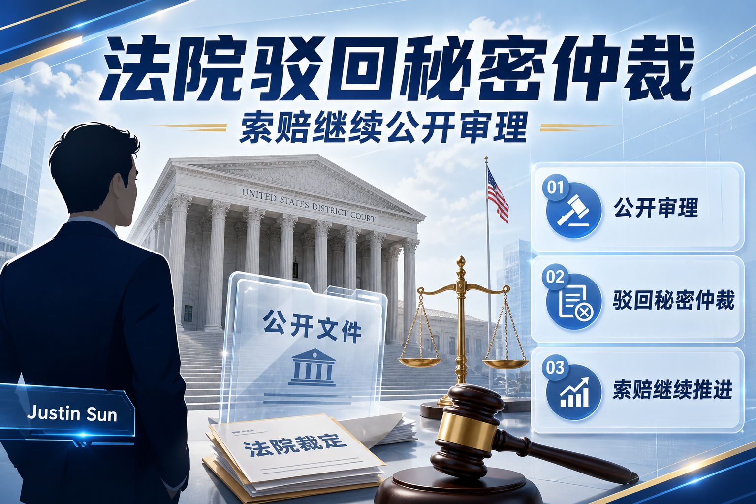 Justin Sun:法院驳回 WLFI 秘密仲裁请求,索赔将继续公开审理
