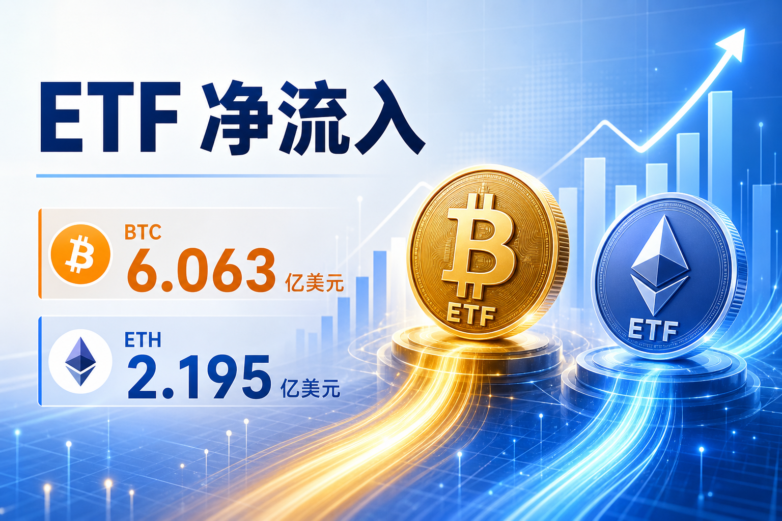 昨日比特币 ETF 净流入 6.063 亿美元,以太坊 ETF 净流入 2.195 亿美元