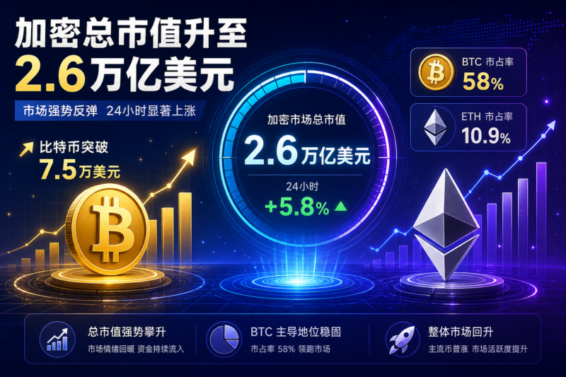 加密总市值涨至 2.6 万亿美元,24 小时涨幅 5.8%-指挥使社区 - 真实线索、热点议题与深度观察