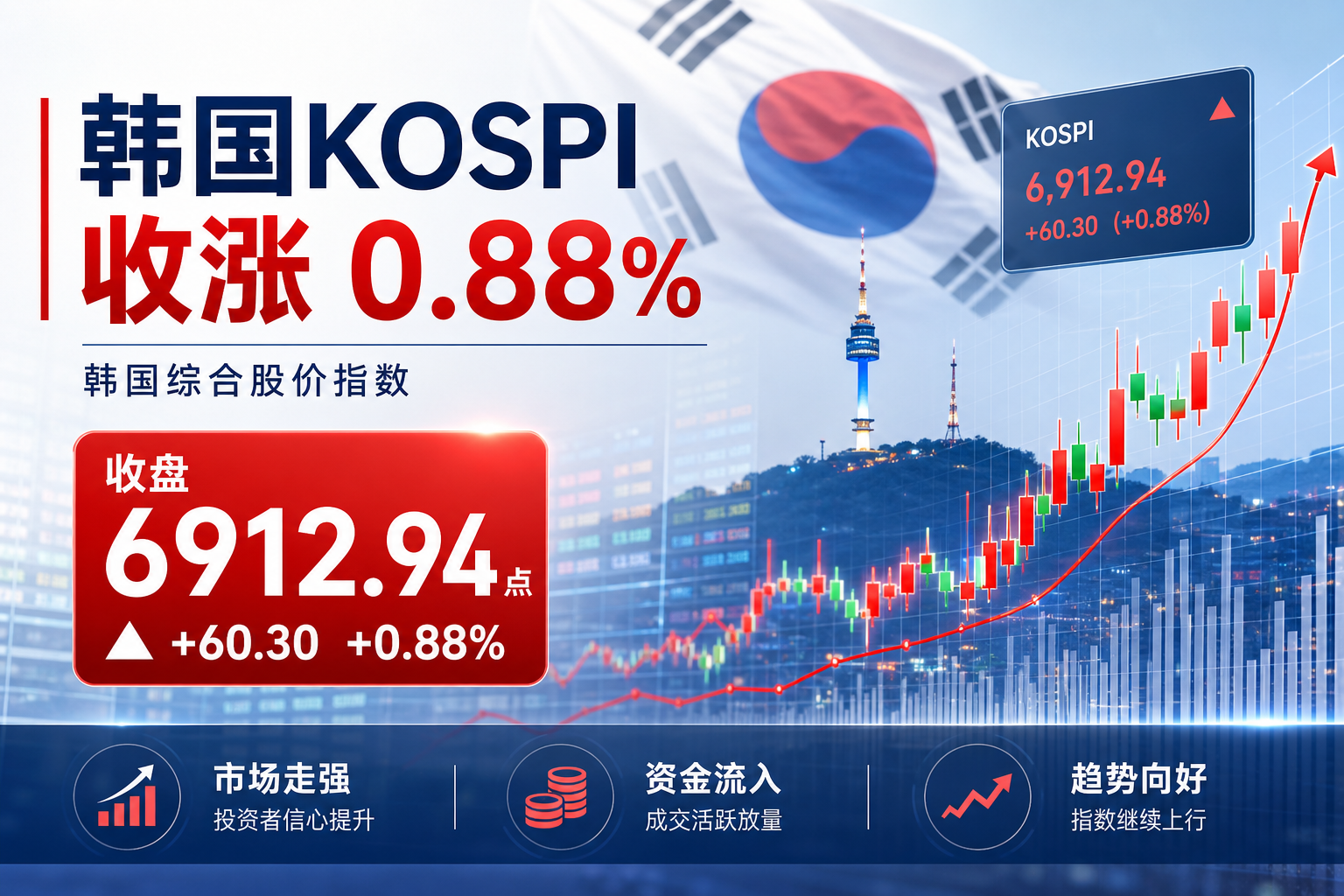 韩国 KOSPI 指数今日收涨 0.88%