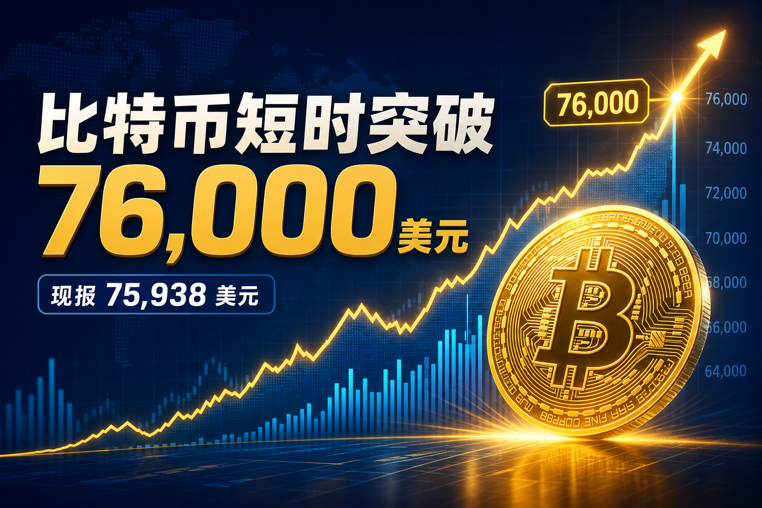 比特币短时突破 76,000 美元