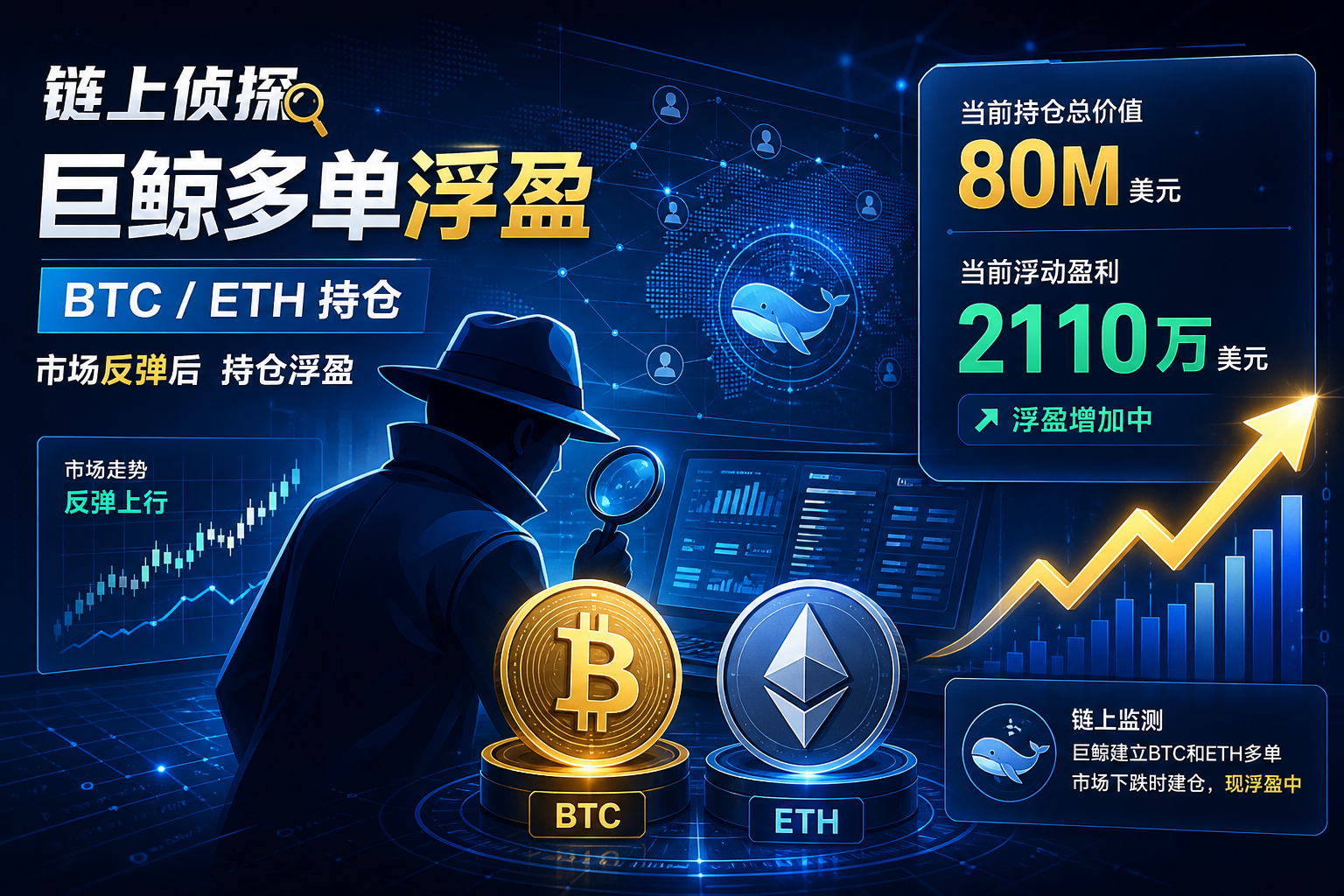 链上侦探:某巨鲸持有约 8000 万美元 BTC 和 ETH,多单浮盈 2110 万美元