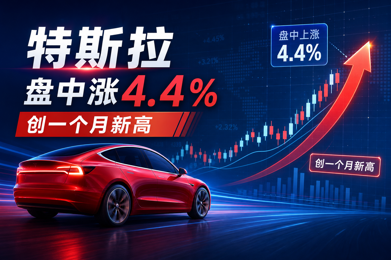 特斯拉盘中上涨 4.4%，创一个月新高