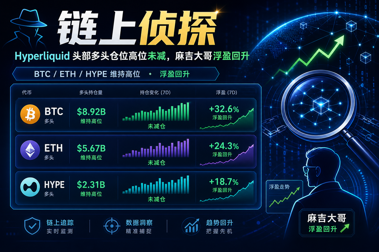 链上侦探｜Hyperliquid 上 BTC、ETH 及 HYPE 前三大多头均未减仓，麻吉大哥浮盈回升超 1080 万美元