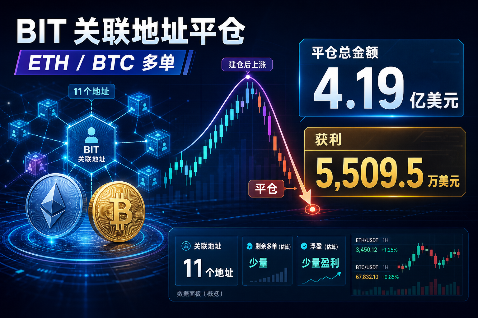 BIT 关联地址平仓 4.19 亿美元 ETH 和 BTC 多单,获利 5,509.5 万美元
