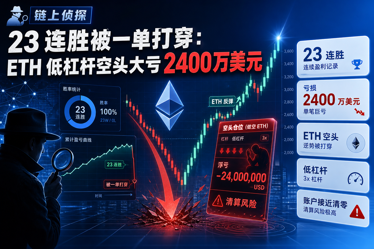 链上侦探｜23 连胜被一单打穿：ETH 低杠杆空头大亏 2400 万美元