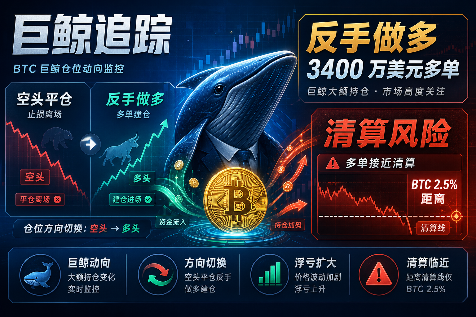 巨鲸追踪:BTC 空头平仓后反手做多,3400 万美元多单再临爆仓风险