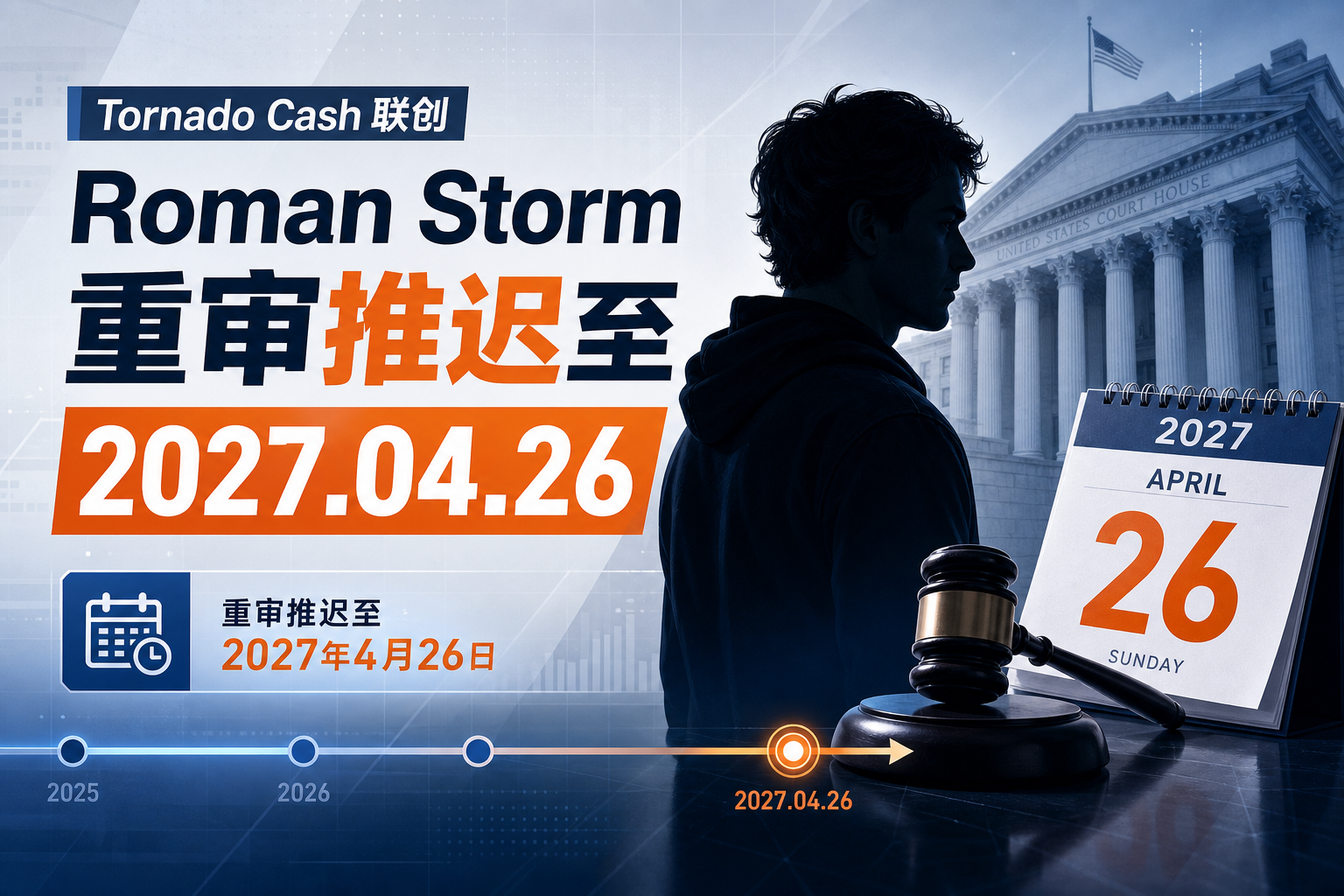 Tornado Cash 联创 Roman Storm 重审推迟至 2027 年 4 月 26 日