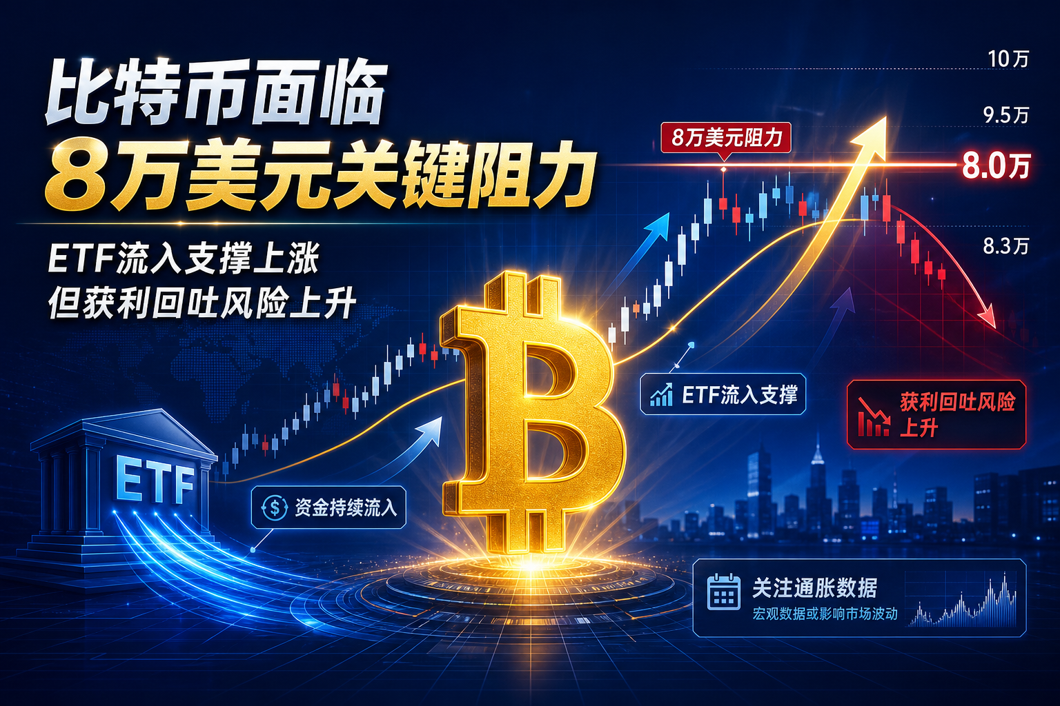 比特币面临8万美元关键阻力,ETF流入支撑上涨但获利回吐风险上升