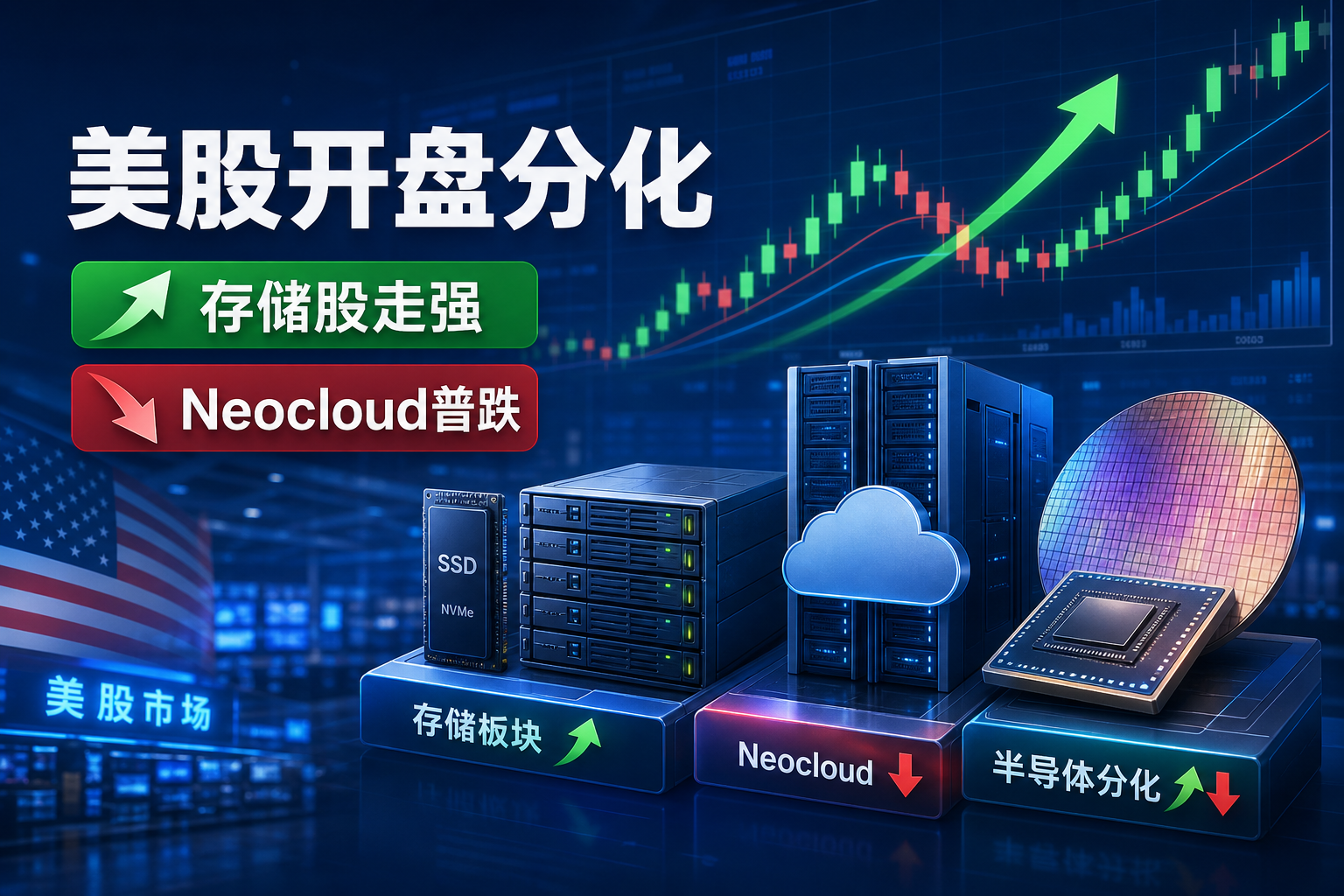 美股开盘存储股走强、Neocloud股普跌,WDC涨超3%、GLXY跌近4%