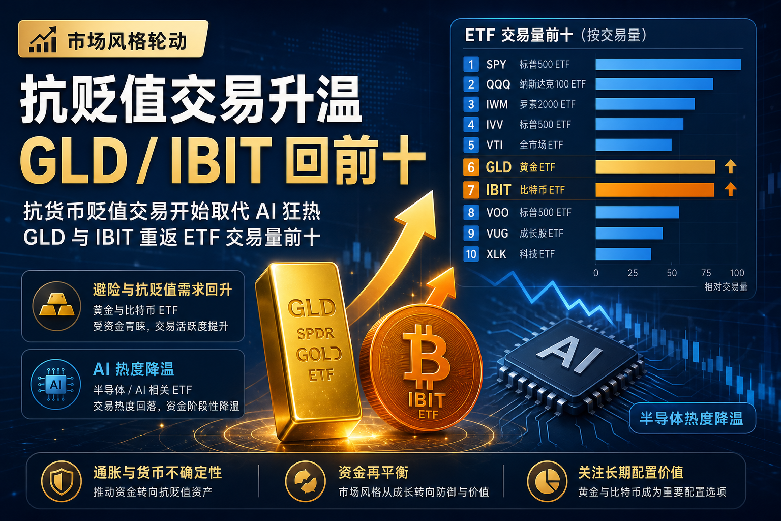 彭博分析师:抗货币贬值交易开始取代 AI 狂热,GLD 与 IBIT 重返 ETF 交易量前十