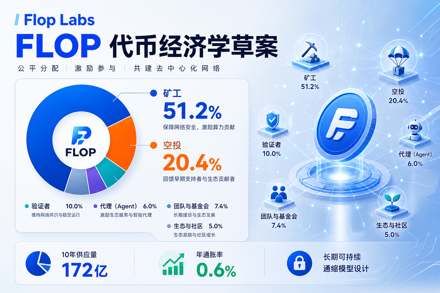Flop Labs 公布 FLOP 代币经济学草案:51.2% 分配给矿工,20.4% 用于空投