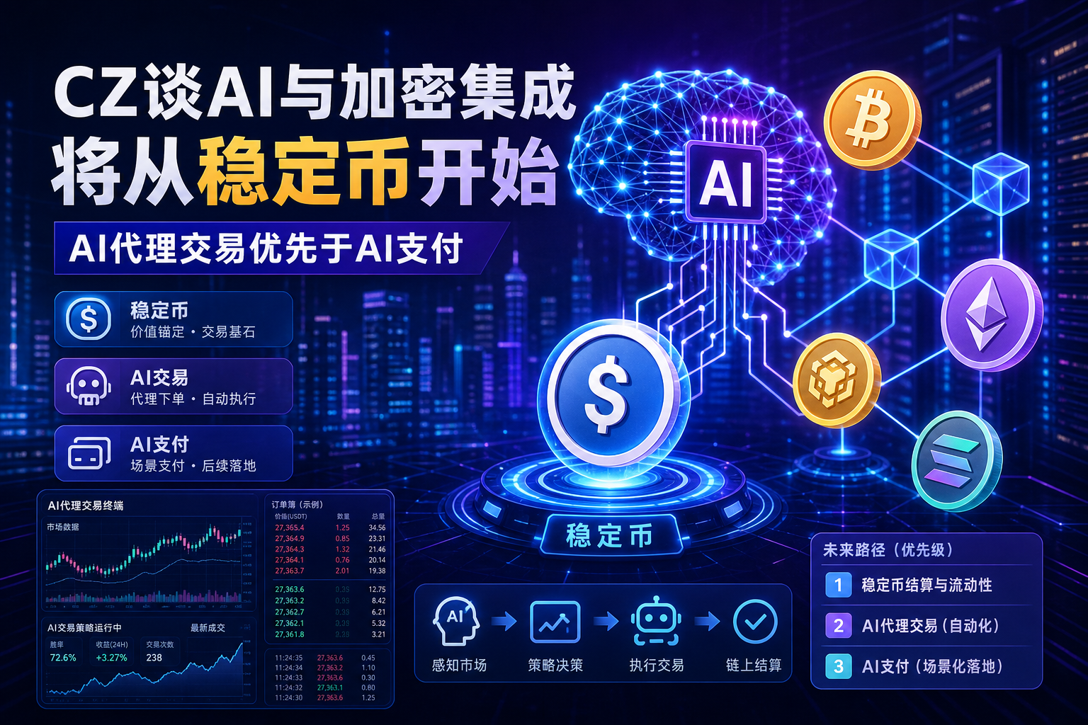 CZ:AI 和加密集成将从稳定币开始,AI 代理交易优先级远高于 AI 支付