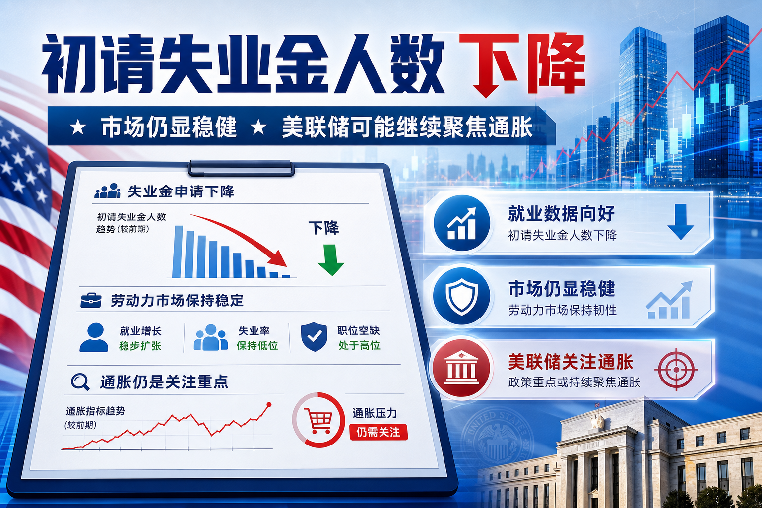 美国初请失业金人数下降，美联储或可继续聚焦通胀
