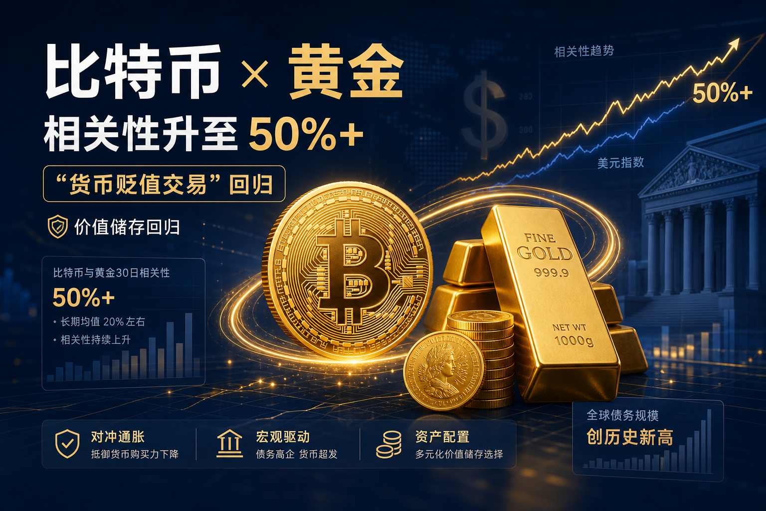 灰度:比特币与黄金相关性突破 50%,货币贬值交易或正在回归