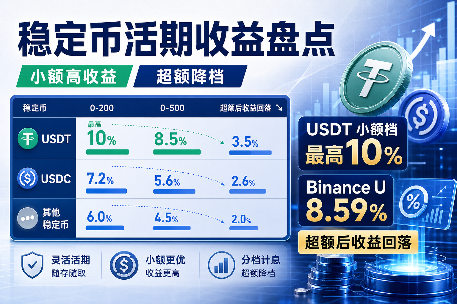 主流 CEX 稳定币活期收益盘点:USDT 小额档最高 10%,Binance U 产品达 8.59%