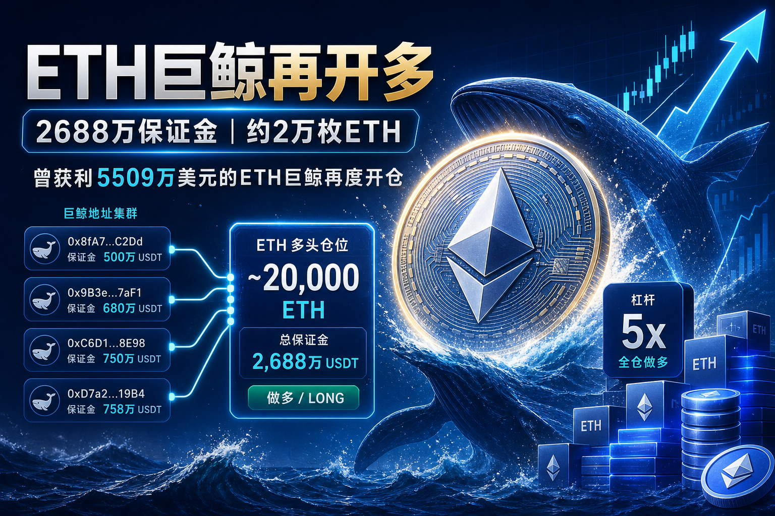 曾获利 5509 万美元的 ETH 巨鲸再度开仓,2688 万美元保证金做多 2 万枚 ETH