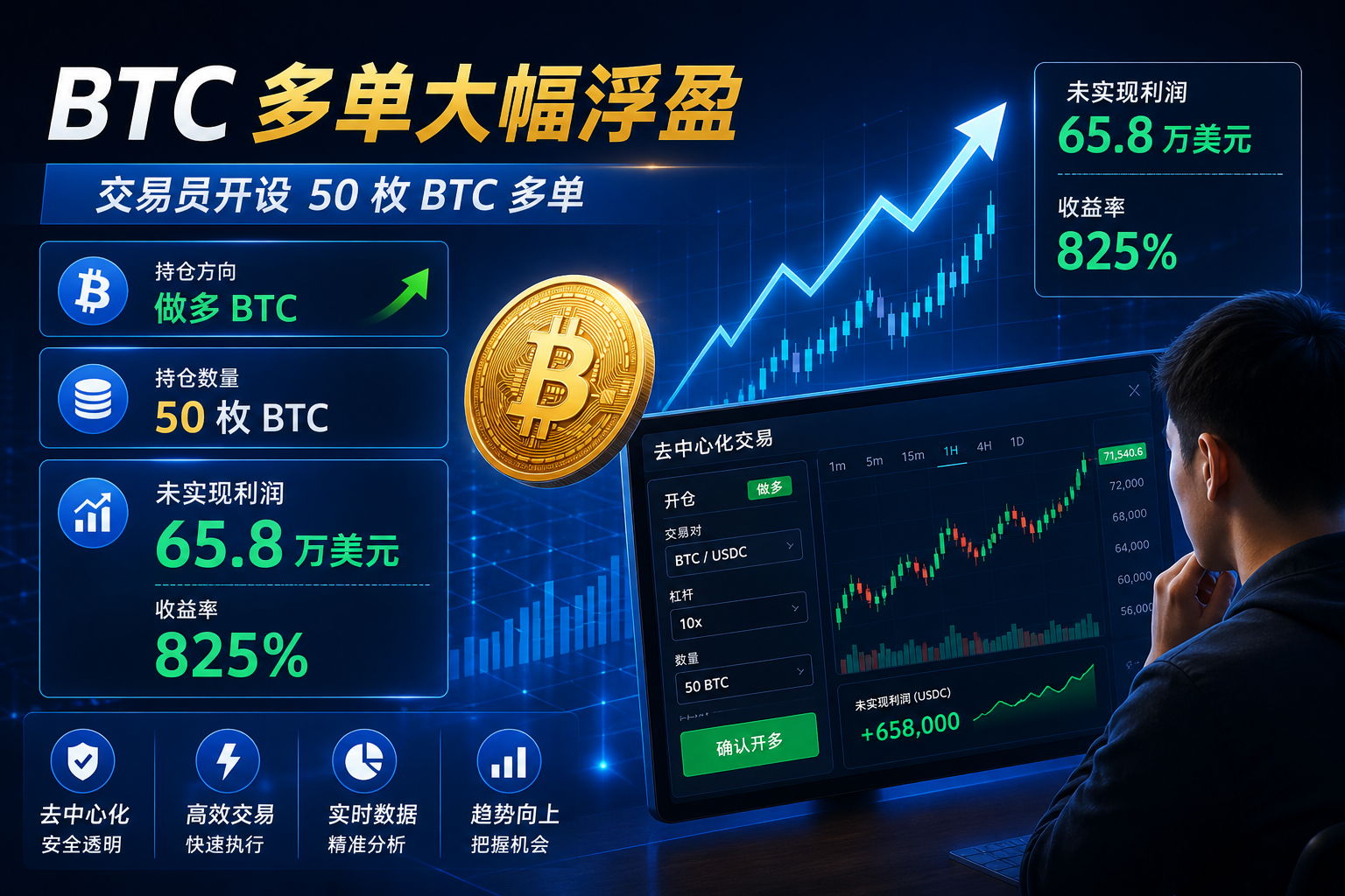 交易员开设 50 枚 BTC 多单,未实现利润达 65.8 万美元