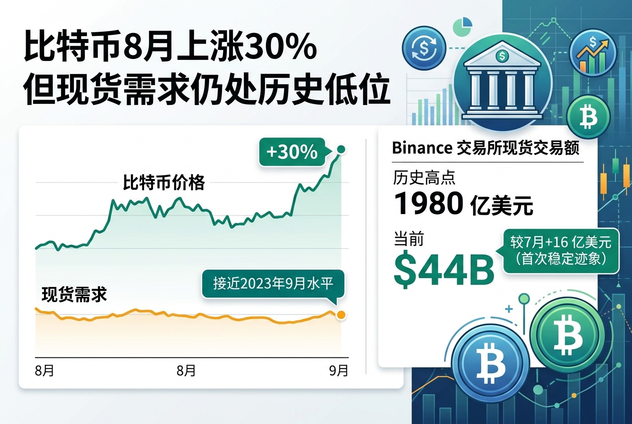 比特币8月上涨30%,但现货需求仍处历史低位