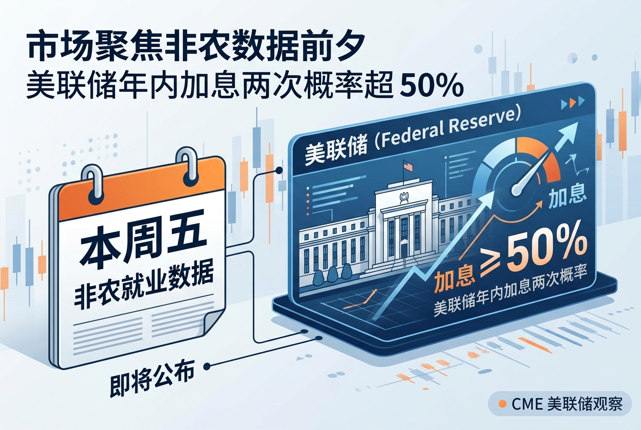 非农数据公布前,美联储年内加息两次概率超 50%