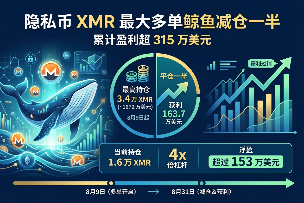隐私币 XMR 最大多单鲸鱼减仓一半，累计盈利超 315 万美元