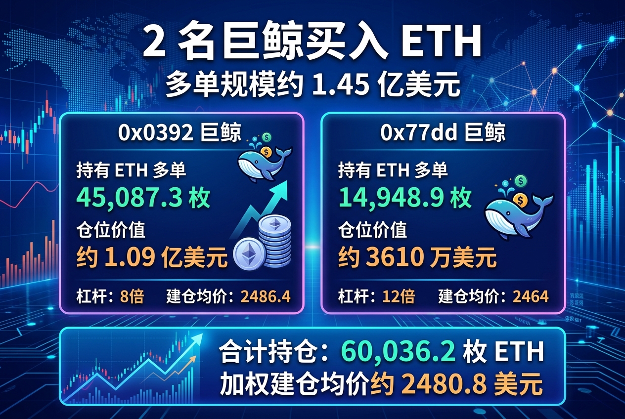 2 名巨鲸买入 ETH,多单规模约 1.45 亿美元