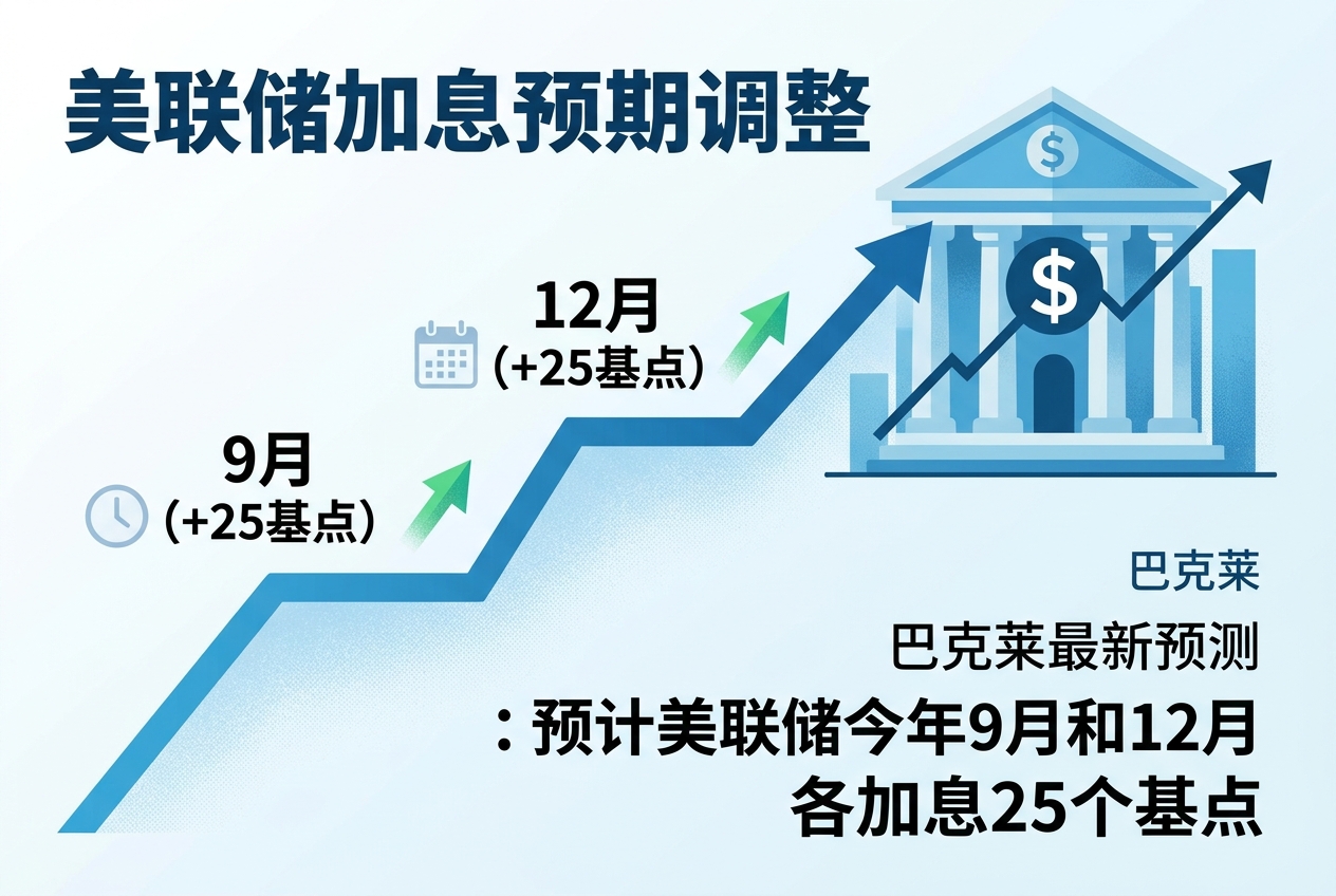 巴克莱：预计美联储今年 9 月和 12 月各加息 25 个基点