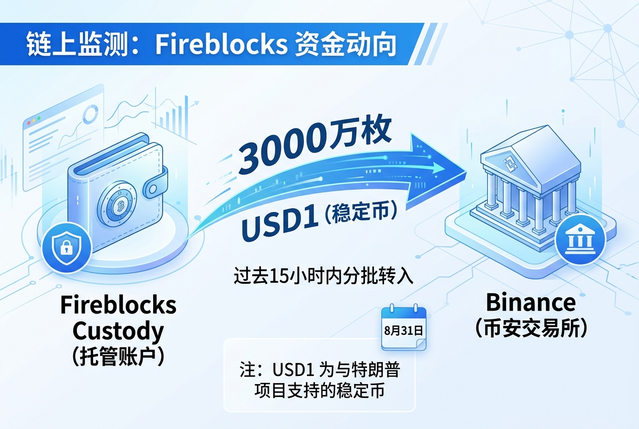 Fireblocks Custody 过去 15 小时向 Binance 转入 3000 万枚 USD1