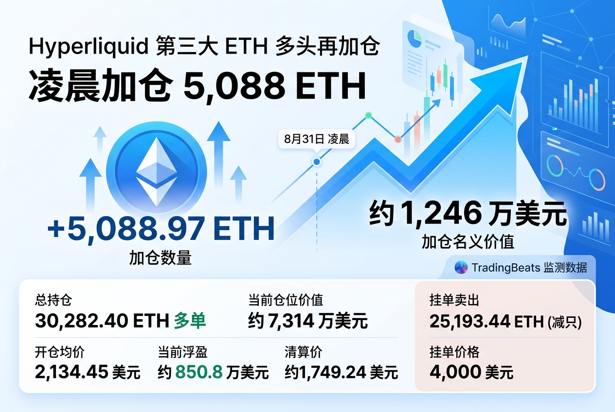 Hyperliquid 第三大 ETH 多头凌晨再加仓 5,088 枚 ETH