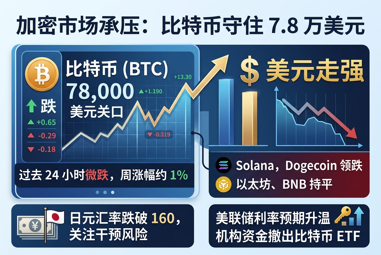 比特币守住 7.8 万美元，美元走强持续压制加密市场
