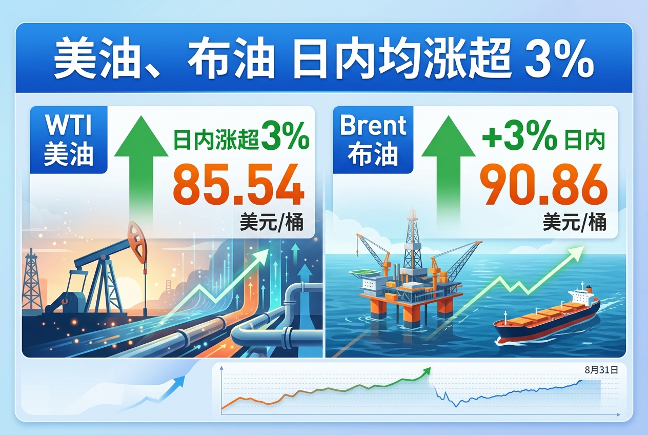 美油、布油日内均涨超 3%