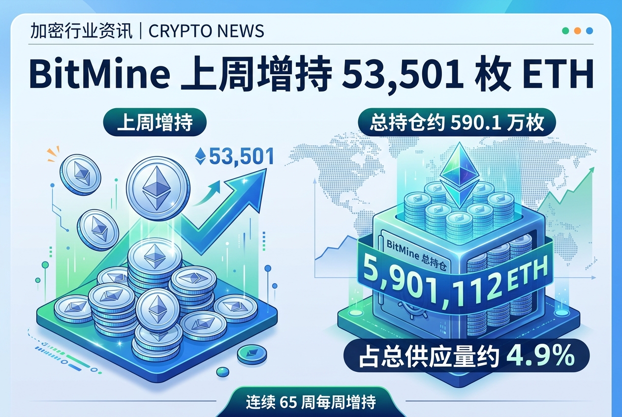 BitMine 上周增持 53,501 枚 ETH,总持仓约 590.1 万枚