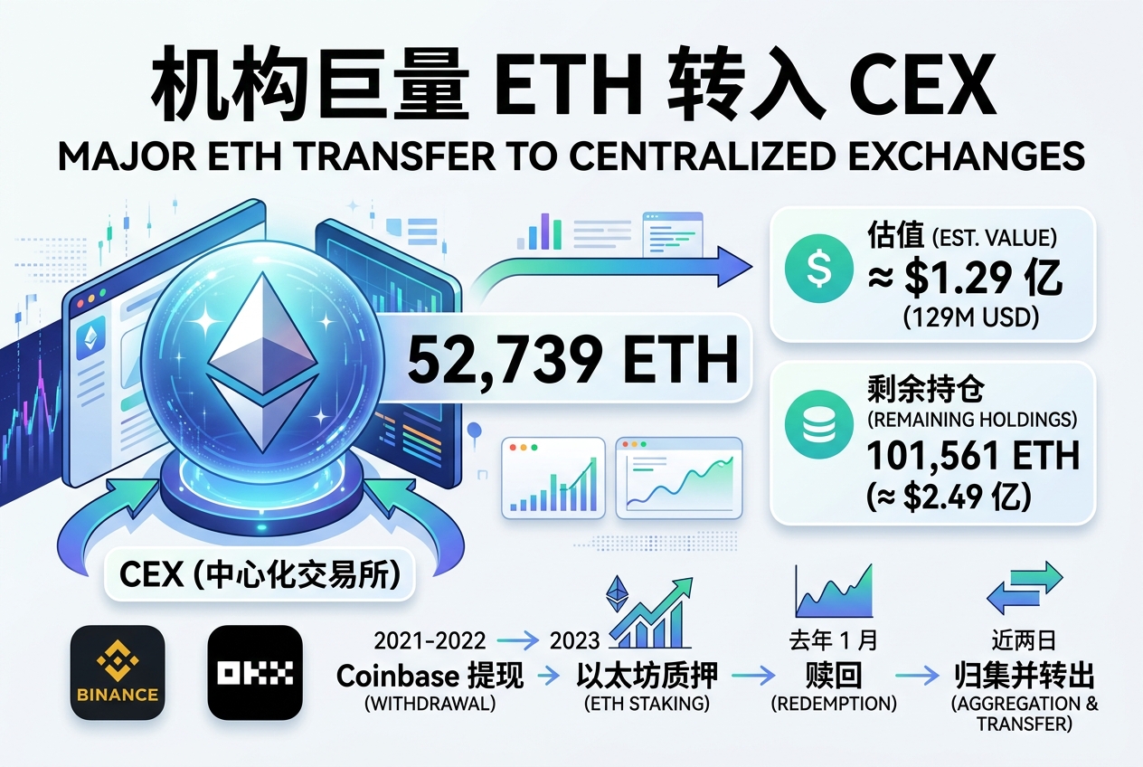 某机构近两日将 52,739 枚 ETH 转入 CEX，约合 1.29 亿美元