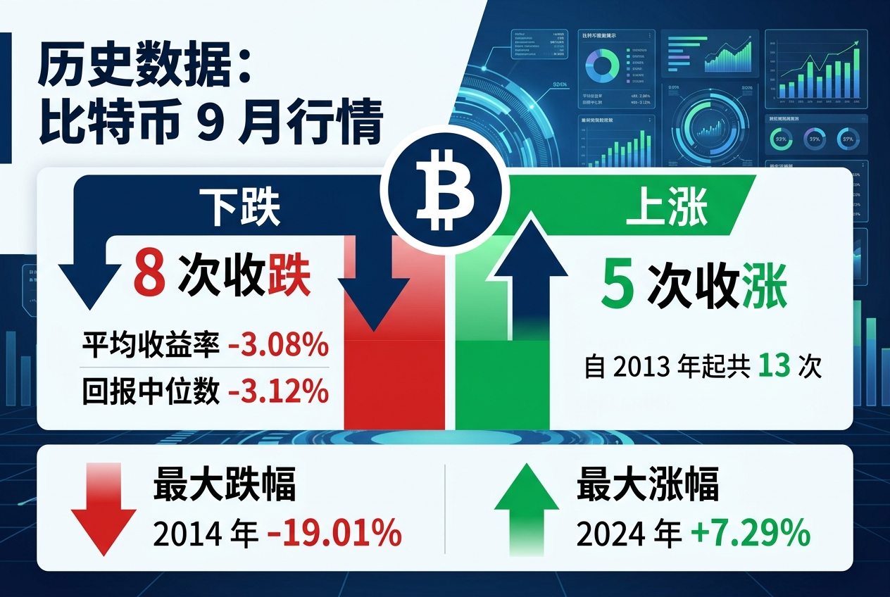比特币 9 月历史回报率:2013 年起 8 次收跌、5 次收涨