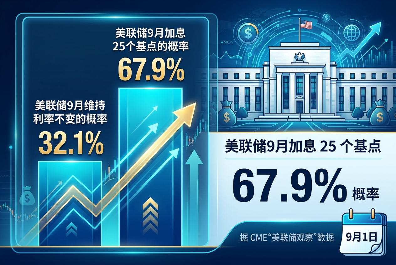 美联储 9 月加息 25 个基点概率暂报 67.9%