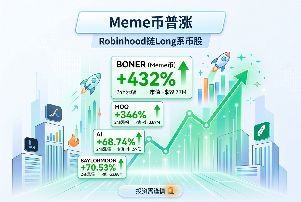 Robinhood 链 Long 系币股 Meme 币普涨,BONER 24 小时涨超 400%