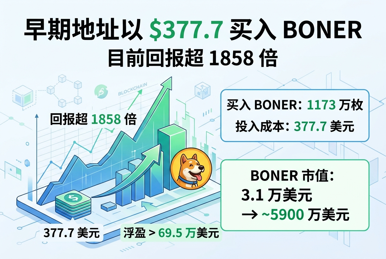 某地址早期以 377.7 美元买入 BONER，目前回报超 1858 倍
