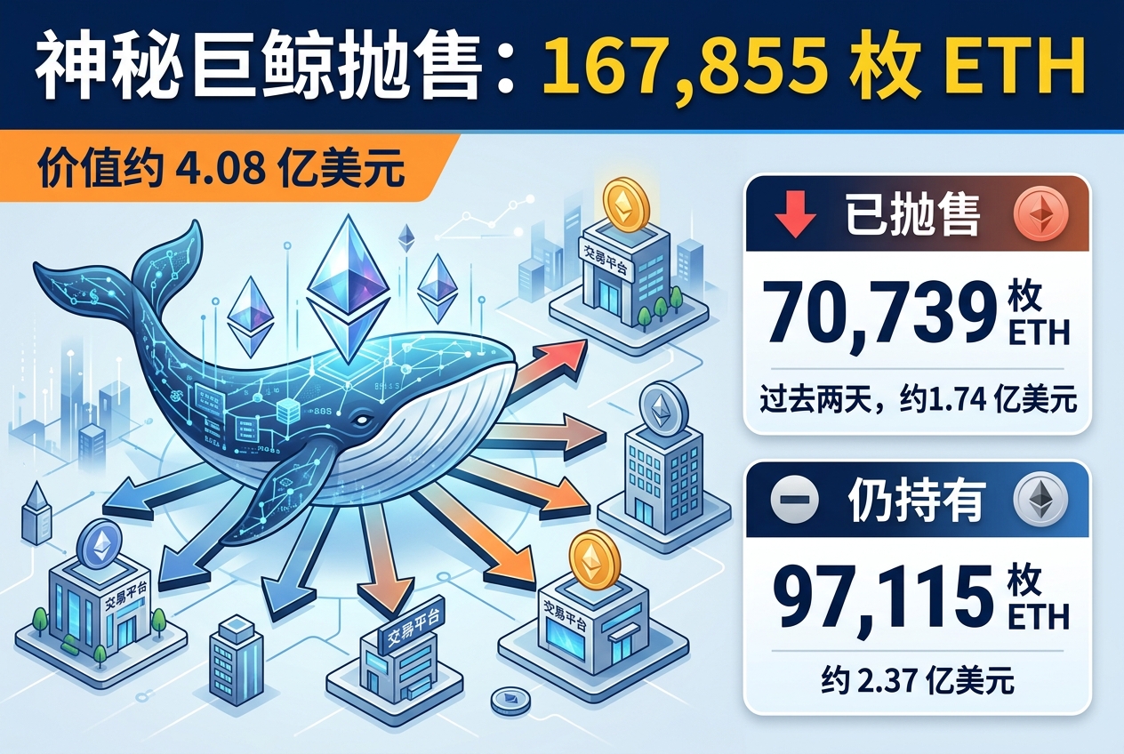 神秘以太坊巨鲸正抛售 167,855 枚 ETH,约合 4.08 亿美元